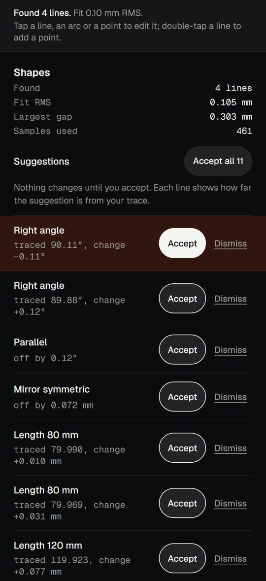 The Edit screen of the Tipmark app: suggestions such as Right angle, traced 90.11 degrees, change minus 0.11 degrees, each with Accept and Dismiss