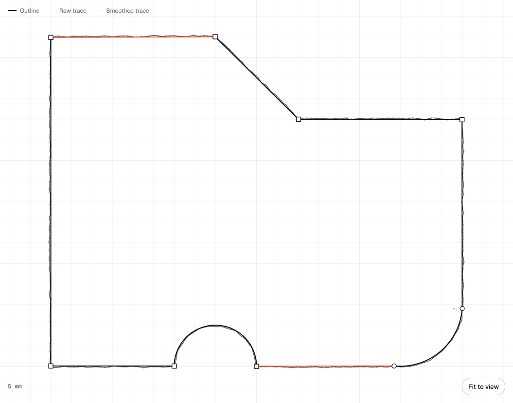 Tipmark Editor in a browser: a traced plate outline with a notch and a rounded corner, the found lines and arcs over the raw trace