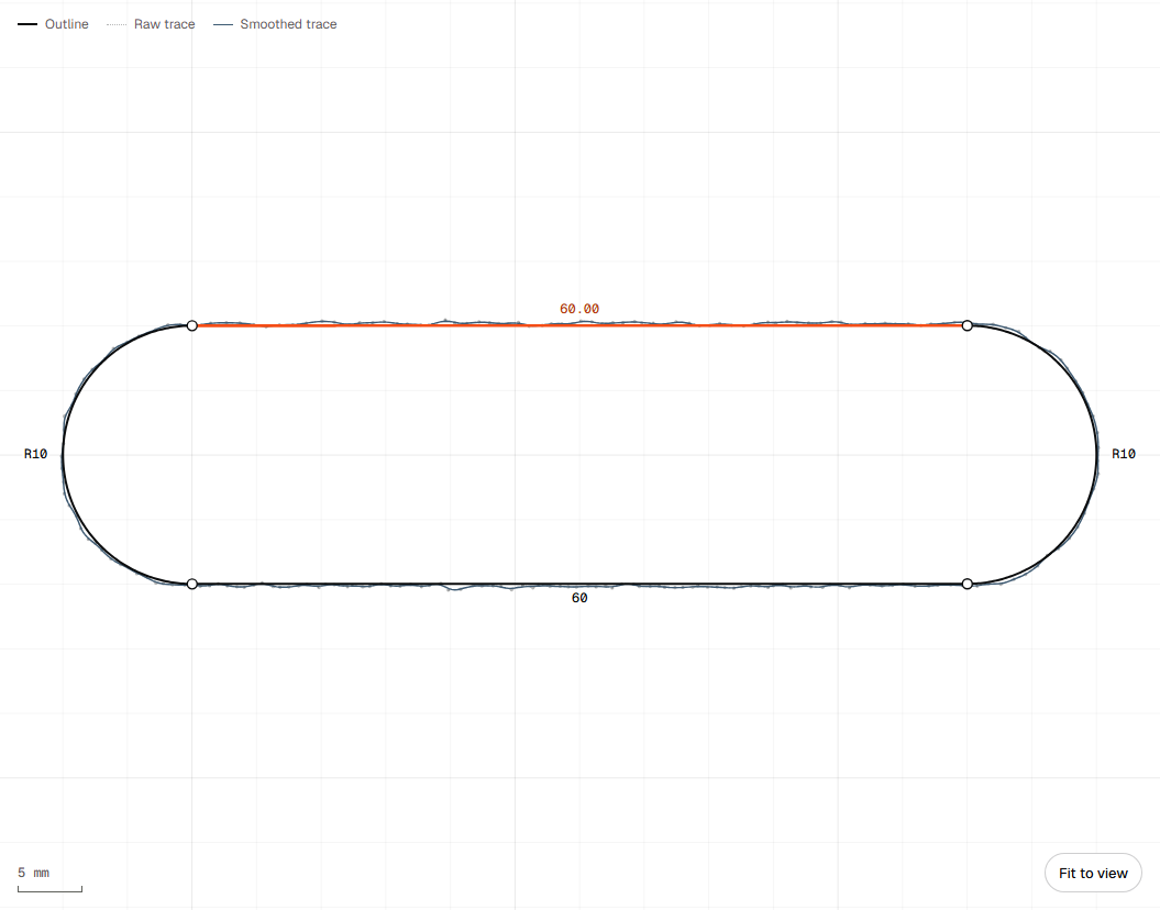 Tipmark Editor in a browser: a traced slot after accepting the suggestions, dimensioned 60 mm long with R10 ends
